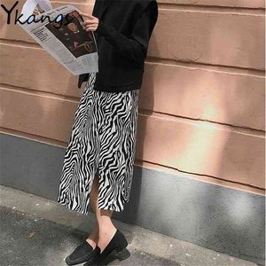 Zarif Kadın Zebra Etek Moda Yüksek Bel Ince Bölünmüş Uzun A-line Bayanlar Ofis Klasik Rahat Kadın Streetwear 210421