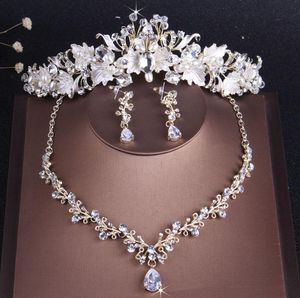 Ohrringe Halskette Barock Vintage Gold Kristall Blatt Perle Floral Schmuck Sets Hochzeit Set Strass Choker Tiara Krone
