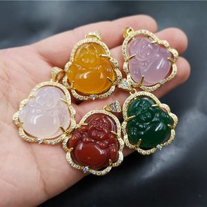 Grön Jade Buddha hänge 925 Silverpläterad Bright Gold Kalcedon Maitreya White Agate Hängen utan kedja