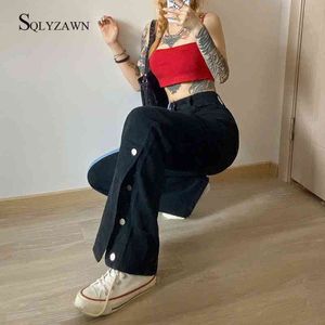 Color Block Patchwork Baggy Boyfriend Jeans Streetwear Bell Bottoms Woman Trouser Denim Wide Leg Pants with Button Korean Style 210709