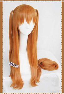 Alta Qualidade Cabelo Eva Asuka Langley Soryu Longo Laranja Resistente ao Calor Peruca Cosplay Peruca com 2 Grampos de Bonytail + Headwear Y0913