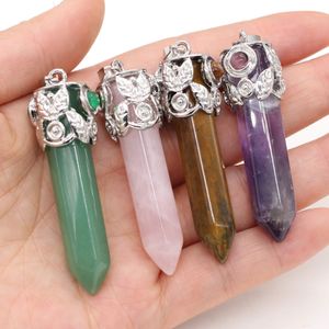 Natursten Chakra Charms Hexagon Shape Pendulum Pendant Rose Quartz Healing Reiki Crystal Hitta för DIY Halsband Kvinnor Mode Smycken 15x58mm