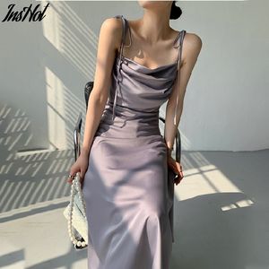 Elegant Chic Slash Neck Ärmlös Kvinnor Solid Stain Dress Sommar Spaghetti Strap Lace-up Slim Waist Ladies Vestidos 210514