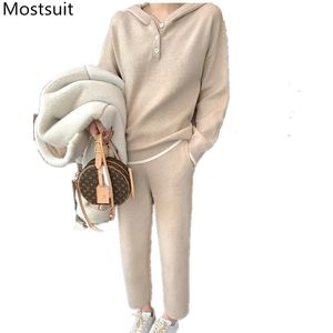 Knitted Fashion Two Piece Set Women Hooded Sweater + Ankle-length Pants Suits Casual Korean Elegant Ladies Matching 210518