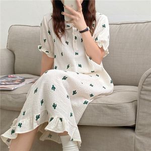 Damen-Nachtwäsche QWEEK Baumwolle Frauen Koreanisches Nachthemd Mädchen Langes einteiliges Kleid Kleid Weißes Nachthemd Kaktus-Nachtwäsche Nighty für Damen