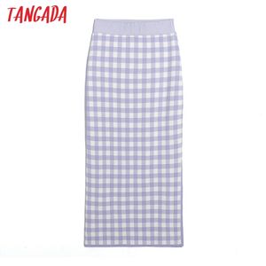 Kvinnor Plaid Print Sweater Midi Skirt Faldas Mujer Vintage Office Ladies Elegant Chic Mid Calf Skirts 6H10 210416