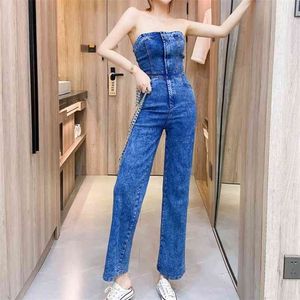 Sommar kvinnor Sexiga Strapless Denim Jumpsuits Chic Retro Backless Ärmlös Streetwear High Waist Slim Rompers 210519