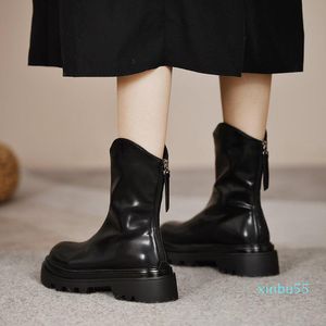 Stövlar Kvinnors Autumn Back Zip Shoes Boots-Women Zipper Round Toe Winter Footwear Rubber Lolita Leather Rock Low Ladies