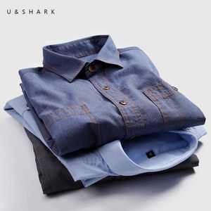 Ushark mens azul denim camisa camisa camiseta para homens manga comprida blusa primavera de algodão puro macio calça jeans casual masculino 210603