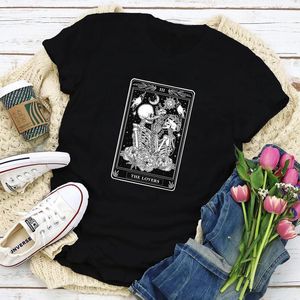 Women's T-Shirt The Lovers Tarot Card Aesthetic Women Valentine's Day Gift Tshirt Mystical Sun And Moon Witchy Skeleton Tee Top