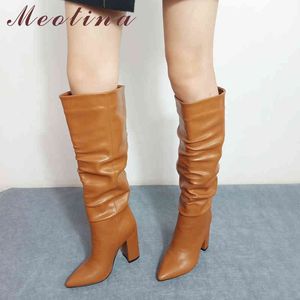 Knee-High Botas Mulheres Sapatos Plissado Extreme High Heaver High Pointed Toe Bloqueio Bloqueio Senhoras Fashion Senhoras Inverno 43 210517