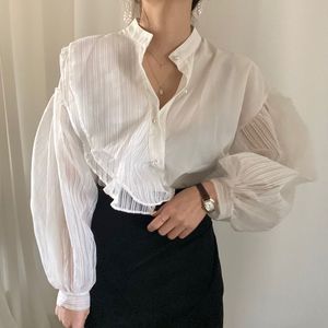 Women's Spring Summer Blouses Shirts Vintage Oversized Patchwork Tulle Transparent Korean Style Lady Tops