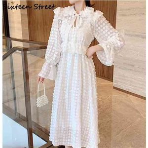 White Solid Maxi Dress Female Flare Sleeve Lace Up Elegant Vestido Lady Spring Long Dresses Woman High Waist Clothing 210603