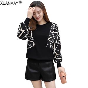 Brand Design Casual Pullover Sweater Spring women lace stitching Knit Elegant leopard print Black Knitting Top 211011