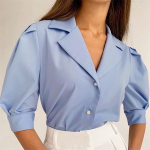 Erstklassige Mode großhandel-Frauen Büro Lady Front Button Bluse Laterne Hülse gekerbt Kragen Solid Casual Shirt Sommer Mode Frauen Bluse und Tops