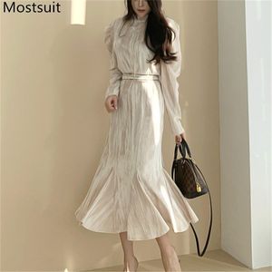 Vintage Elegante Oansatz Frauen Samt Kleid Volle Hülse Mit Gürtel Schlanke Taille Weibliche Meimaid Frühling Mode Vestidos 210513