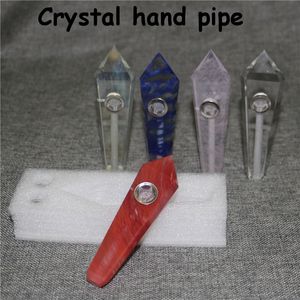 Natural Fluorite Quartz Crystal Pipe Smoking Cigarette Stone Tobacco Hand Pipes With Metal Bowl Mesh Gift