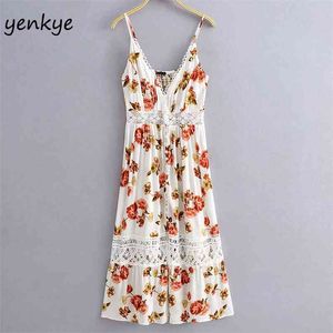 Floral Print Summer Long Dress Women White Lace Trims Sling Sexy Romantic Lady Sleeveless V Neck Holiday Beach 210514