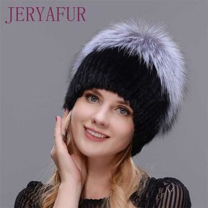 ファッションミンクの帽子冬の暖かい女性編み帽の帽子ミンクの帽子上の毛皮が付いている垂直製織トップ211228