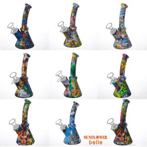 Silicone Bong 6.4 polegadas Beaker Base Tubulações de Água Fumo Impressão dos Desenhos Animados 14mm Feminino Durorável Bongs Silicon Downstem Glass Bowl