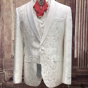 Garnitur ślubny dla mężczyzn 2020 Groom White Jacquard Tuxedos Double Breasted Vest Solid Color Spodnie Party Ball Wysokowy Smak Odzież X0909