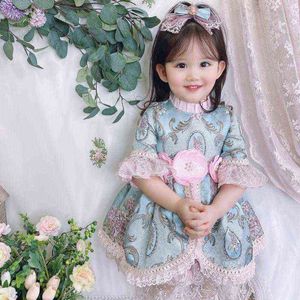 Dzieci Hiszpańskie Dresseses 2021 Lato Baby Girls Hiszpania Lolita Dress Z Kwiat Niemowlę Koronki Suknie Balowe Torddle Royal XW008 G1218