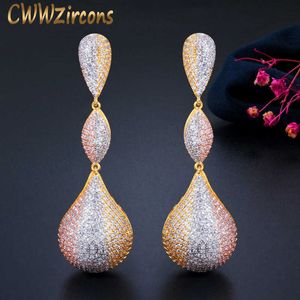 Bolas de gota de água de luxo longos brincos de dangle para mulheres casamento Micro CZ Zircon Dubai Indiano 3 Tom Gold Jewelry CZ670 210714