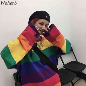 Höst Harajuku Rainbow Striped T Shirt Kvinnor Man Loose Långärmade Toppar T-shirts Koreanska Fashion Streetwear Tees 210519