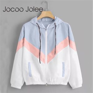 JOCOO JOLEE Moda Kapüşonlu Rüzgarlık Ceket Patchwork Ceketler Kadın Renk Blok Fermuar Ceket Güz Rahat Mont Kabanlar 210804