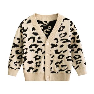 1-7years 유아 아이 소녀 가을 따뜻한 스웨터 코트 패션 레오파드 긴 소매 V 넥 카디건 어린이 의상 210515