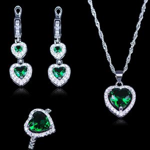 Russian Trendy Style Green Created Emerald Silver Color Jewelry Sets For Women Best Present Earrings Pendant Rings Set H1022