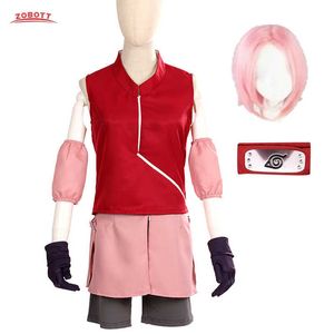 Haruno Sakura Costume Cosplay Haruno Sakura Anime Costumi Cosplay Halloween Donne Cosplay Abbigliamento Corto Rosa Parrucche e Fascia Y0903