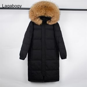 Lagabogy Grande vera pelliccia di procione inverno donna 90% piumino d'anatra bianco femminile spesso con cappuccio lungo parka oversize cappotto da neve 211013