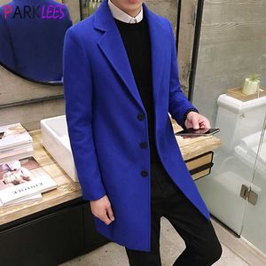 Mäns ullblandningar Royal Blue Coat Men 2021 Vinter Mode Urban Trench Mens Slim Fit Overcoat Windbreaker Manteau Homme 4XL