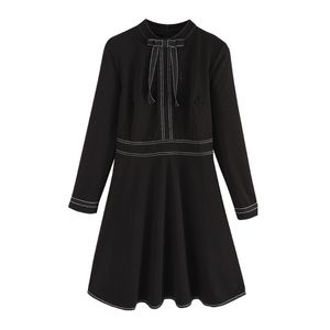 Black O Neck Full Long Sleeve Fit And Flare Solid Knee Length Bow Autumn Winter Dress Elegant D0829 210514