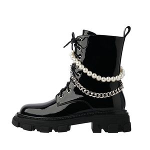 سلسلة لؤلؤة المرأة سميكة Martin Boots Boots Black Boots