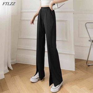 Spring Summer Arrival Women Casual Loose Long Pants Ladies Solid Black White High Waist Split Wide Leg 210430