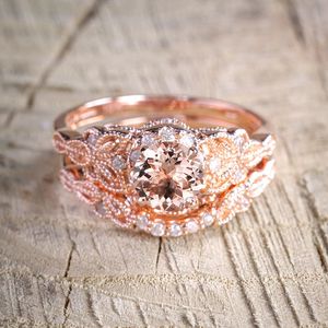 2 Teile/satz Zirkon Verlobungsring für Frauen Rose Gold Farbe Eheringe Schmuck Schicke Accessoires Valentinstag Geschenk