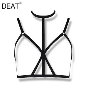 DEAT Women Black Patchwork Hollow Out Sexy Tank Tops New Halter Collar Sleeveless Personality Fashion Tide Summer 7E0260 210428