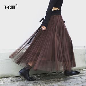 VGH Elegant Women's Skirt Loose High Waist A-line Ankle Length Patchwork Mesh Long Skirts Female Spring Fashion Clothes New 210421
