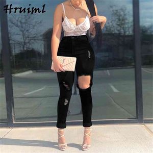 Plus Size Jeanssluiting met Rits Skinny Big Hole Damesbroeken Broek Casual Mode Sale Effen Kleur Slim Fit Broek 210513