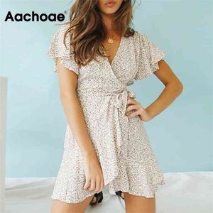 aachoae Summer Boho Printed Mini Dress Women v Neck Holiday Beachドレス