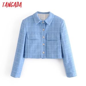 Women Blue Tweed Crop Female Long Sleeve Elegant Jacket Ladies Blazer Suits 3H73 210416