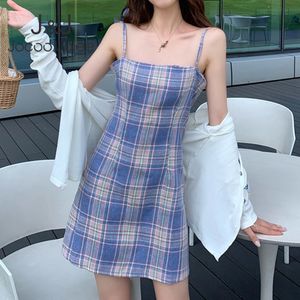 Jocoo Jolee Women Elegant Strap Slash Neck Slim Short Dress Summer Korean Plaid Print Mini Dress Beach Sweet Sundress 210518