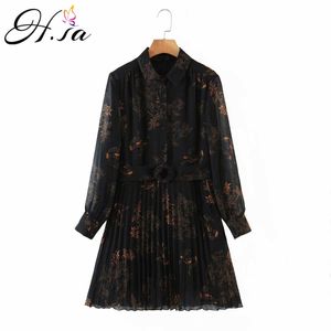 H.Sa kobieta sukienka jesień zima elegancki czarny kwiatowy vestidos z długim rękawem luźne rocznika sukienki kobiety ubrania plisowane szata 210716