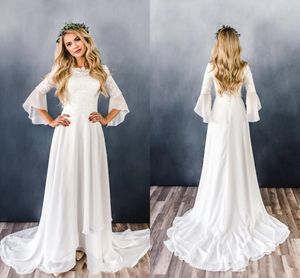 Şifon dantel boho mütevazı gelinlik kollu bağcıklı geri ülke batı gayri resmi gelinlikler robe de mariée bohème