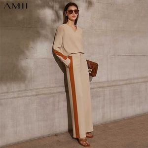 AMII Minimalismo Camicetta estiva per donna Moda Vneck Patchwork Camicia da donna Causale Vita alta Pantaloni larghi 12130088 211105