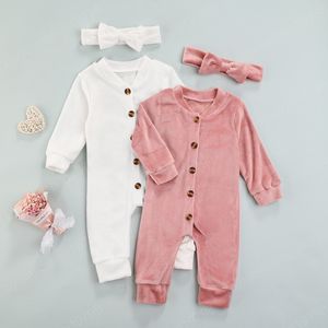 秋冬生まれたばかりの赤ちゃんのベルベットジャンプスーツの服幼児の幼児のソリッドカラーの女の子の男の子のためのボタンを持つ長袖ロンパース