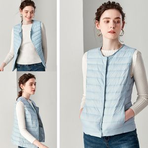 Winter Women Single Breasted Thin Sleeveless 90% White Duck Down Vest Coat O-Neck or V-Neck Jacket 210423