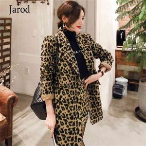 Fashion Leopard Print Office Blazer Outwear Mini Bodycon Skirt Two piece Set Women High Quality Wool Blend Suit Fall Winter 210519